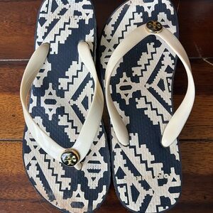 Tory Burch Blue and Cream Geometric Sandals